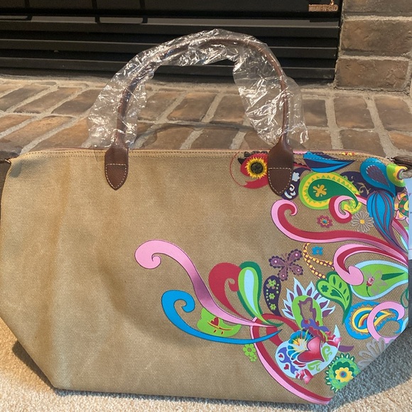 Canvas and Leather Peacock Tote Bag Designed by Childhood Cancer Survivor - Picture 5 of 12